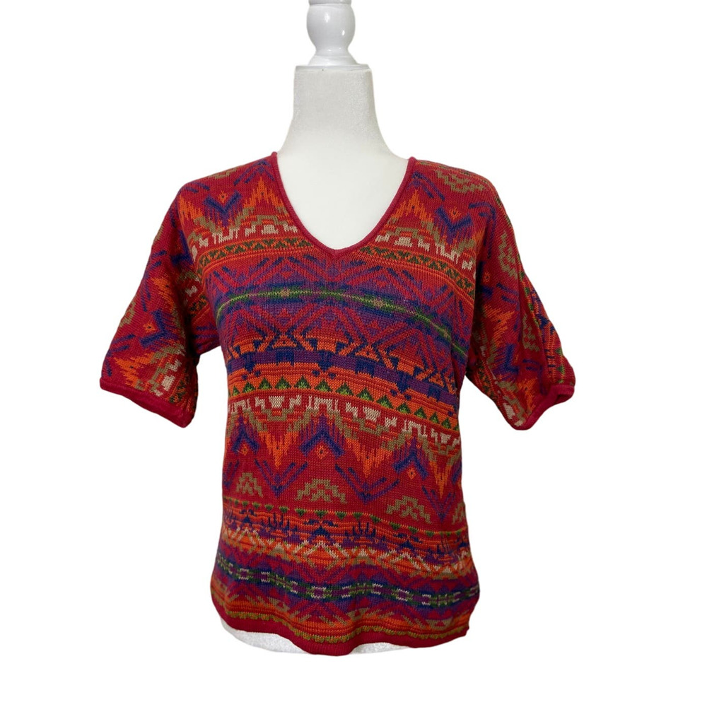 Chaps Woven Southwest Print Women's Top V-Neck Short Sleeve Small Red